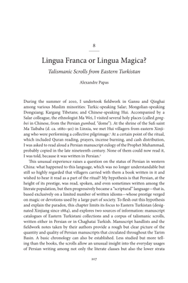 Lingua Franca Or Lingua Magica? Talismanic Scrolls from Eastern Turkistan