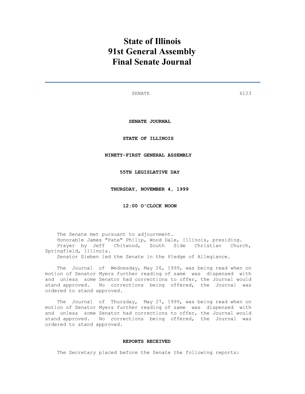 State of Illinois 91St General Assembly Final Senate Journal
