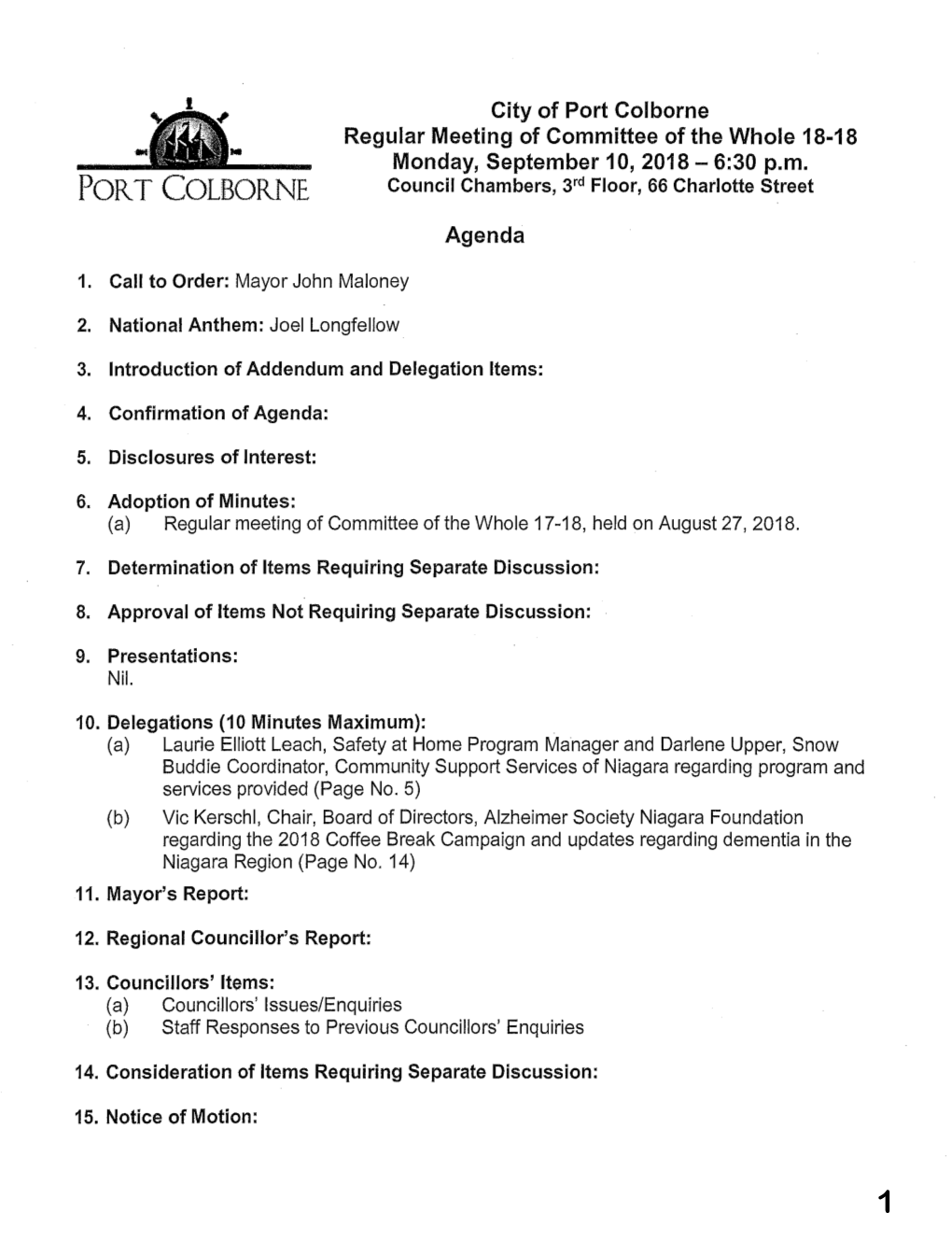 Committee of the Whole/Regular Council Meeting Agenda