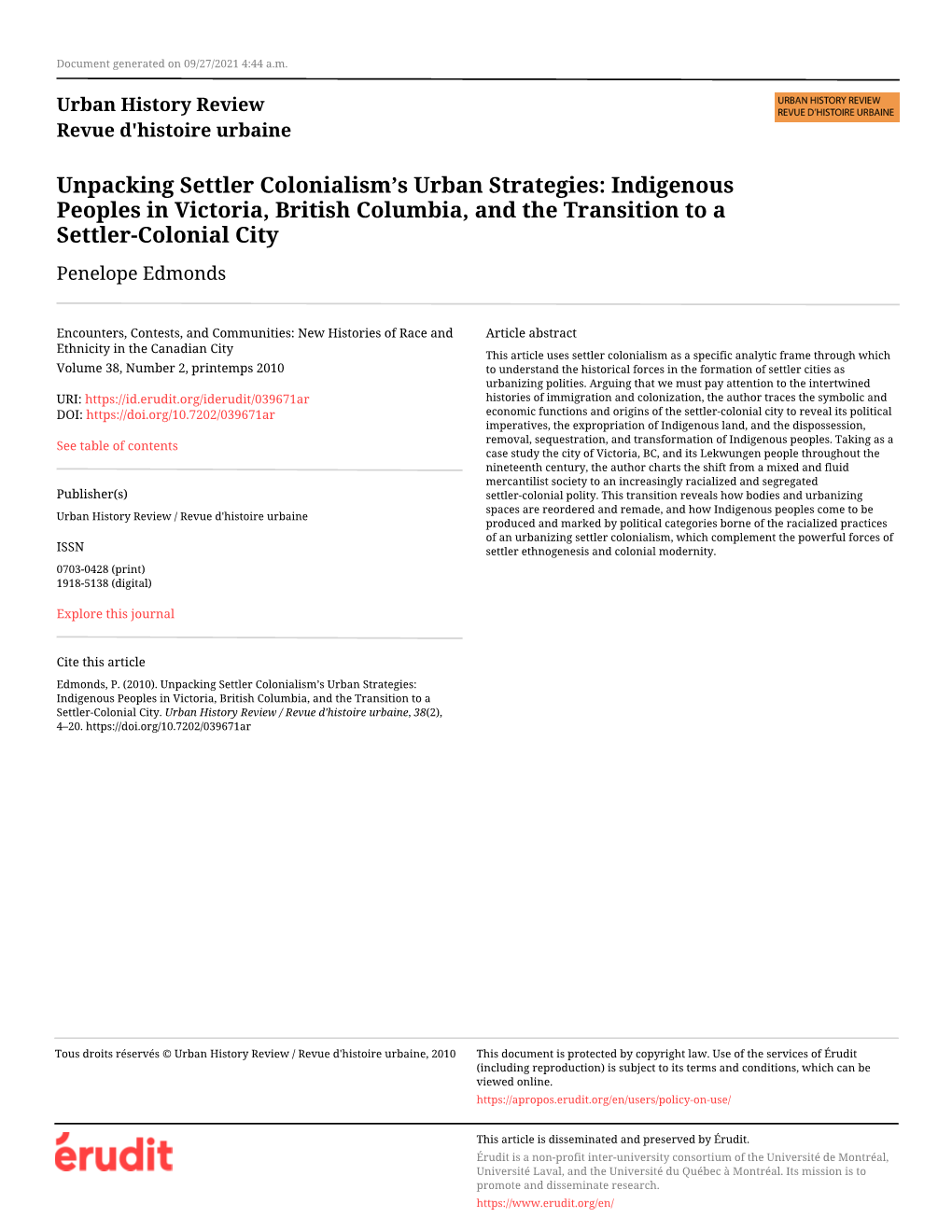 Indigenous Peoples in Victoria, British Columbia, and the Transition to a Settler-Colonial City Penelope Edmonds