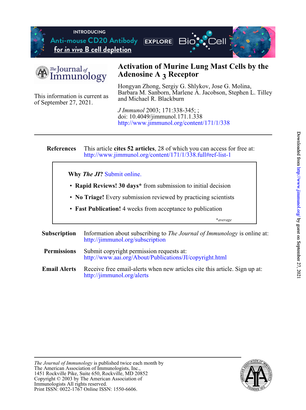 Receptor 3 Adenosine a Activation of Murine Lung Mast Cells By