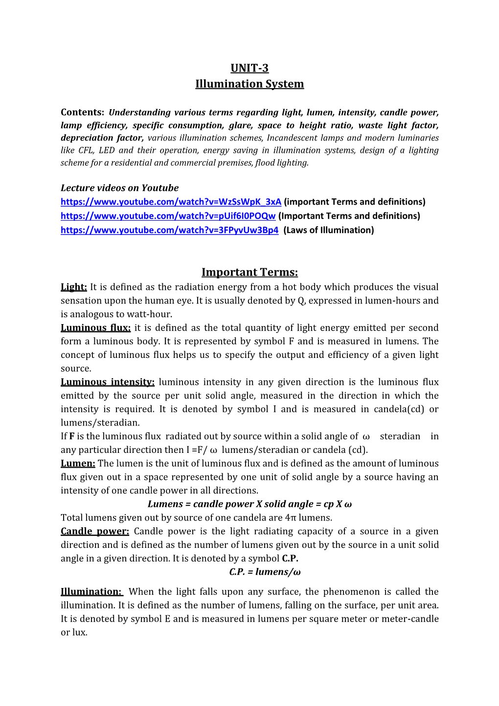 UNIT-3 Illumination System Important Terms