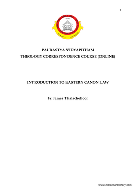 INTRODUCTION to EASTERN CANON LAW Fr. James Thalachelloor