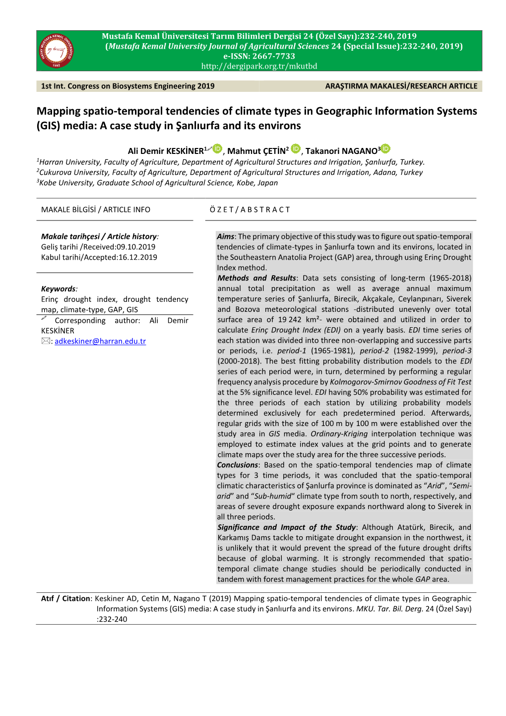 Mapping Spatio-Temporal Tendencies of Climate Types in Geographic Information Systems (GIS) Media: a Case Study in Şanlıurfa and Its Environs