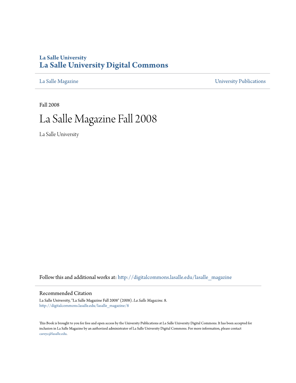 La Salle Magazine Fall 2008 La Salle University