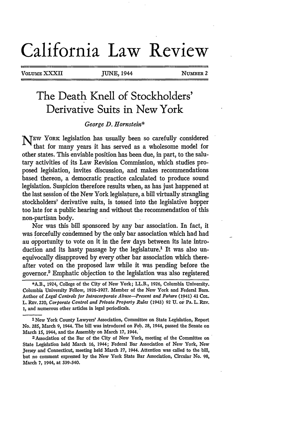 The Death Knell of Stockholders' Derivative Suits in New York George D