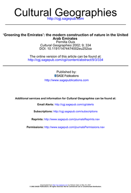 Greening the Emirates’: the Modern Construction of Nature in the United Arab Emirates Pernilla Ouis Cultural Geographies 2002; 9; 334 DOI: 10.1191/1474474002Eu252oa