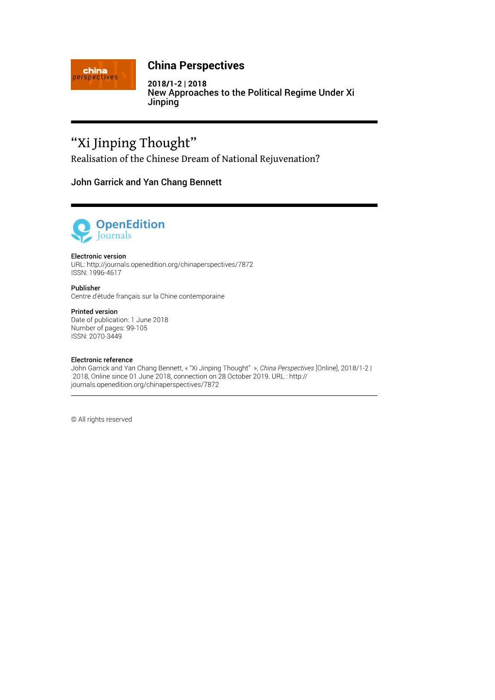 “Xi Jinping Thought” Realisation of the Chinese Dream of National Rejuvenation?