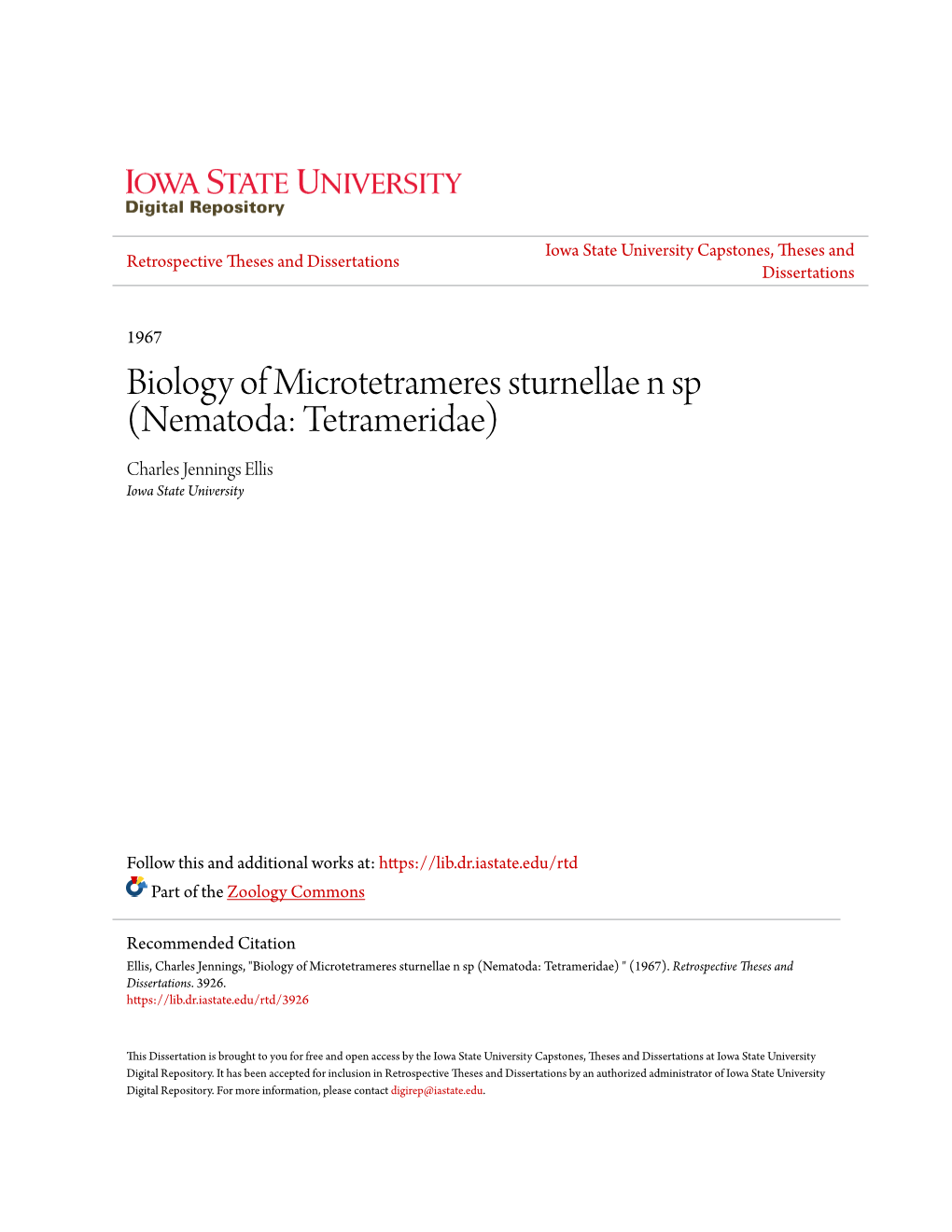 Biology of Microtetrameres Sturnellae N Sp (Nematoda: Tetrameridae) Charles Jennings Ellis Iowa State University