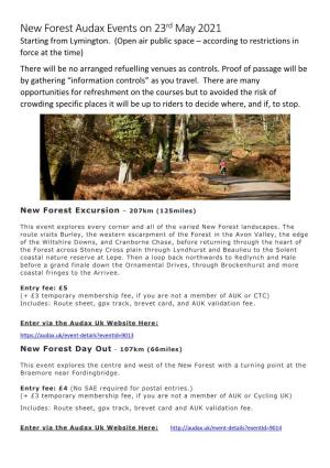 New Forest Audax Events on 23Rd May 2021 Starting from Lymington