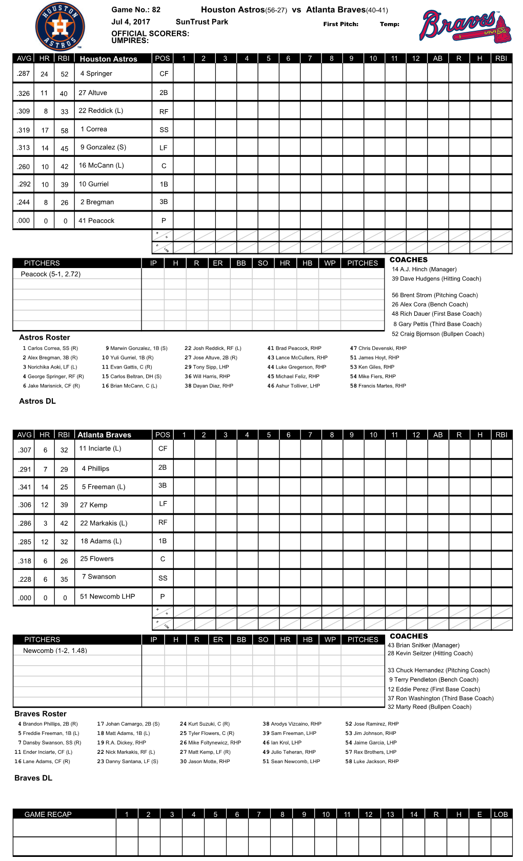 Houston Astros(56-27) Vs Atlanta Braves(40-41)