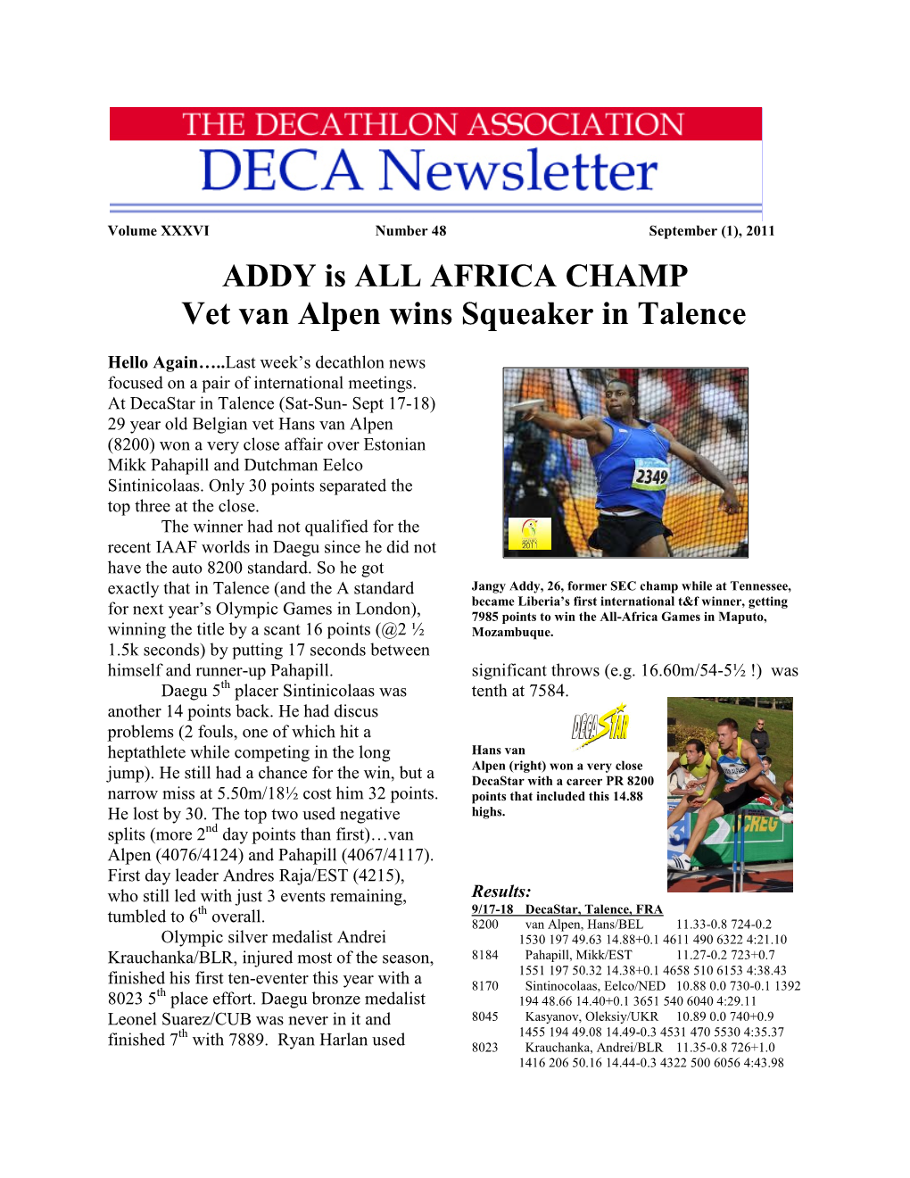 ADDY Is ALL AFRICA CHAMP Vet Van Alpen Wins Squeaker in Talence