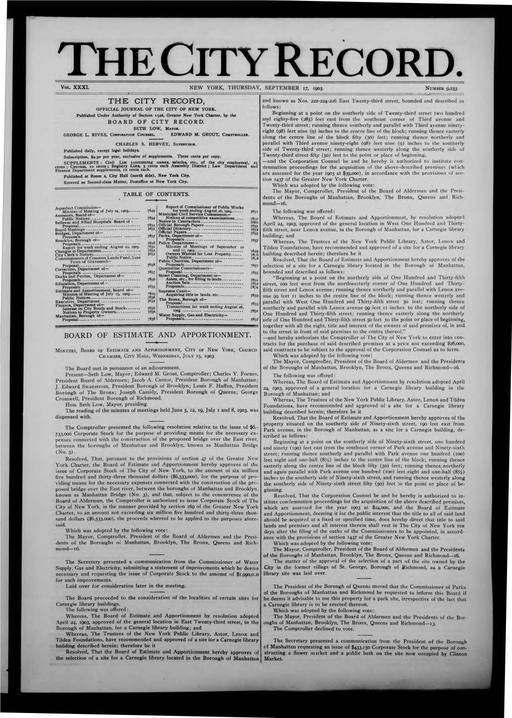 The City Record, Board of Estimate and Apportionment