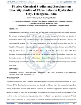 Physico Chemical Studies and Zooplankton Diversity Studies of Three Lakes in Hyderabad City, Telangana, India Dr