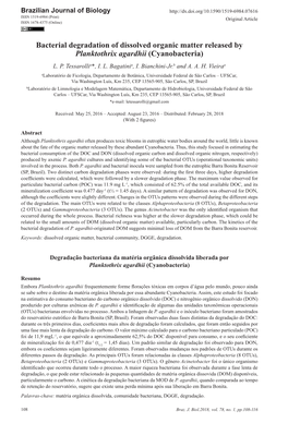 Bacterial Degradation of Dissolved Organic Matter Released by Planktothrix Agardhii (Cyanobacteria) L