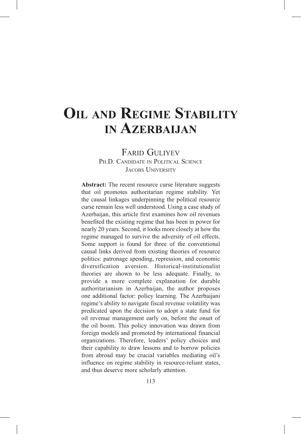 Oil and Regime Stability in Azerbaijan