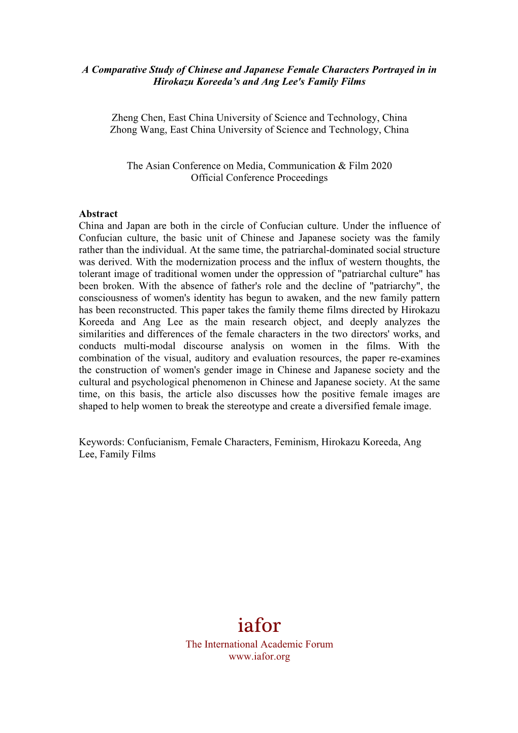 A Comparative Study of Chinese and Japanese Female Characters Portrayed in in Hirokazu Koreeda’S and Ang Lee's Family Films