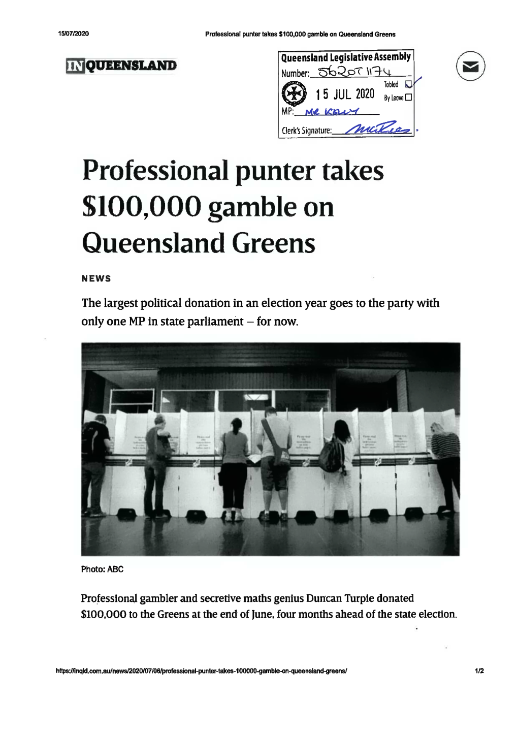 Professional Punter Takes S100,000 Gamble on Queensland Greens
