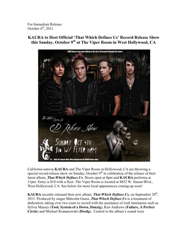 KAURA to Host Official 'That Which Defines Us' Record Release Show This Sunday, October 9 at the Viper Room in West Hollywoo