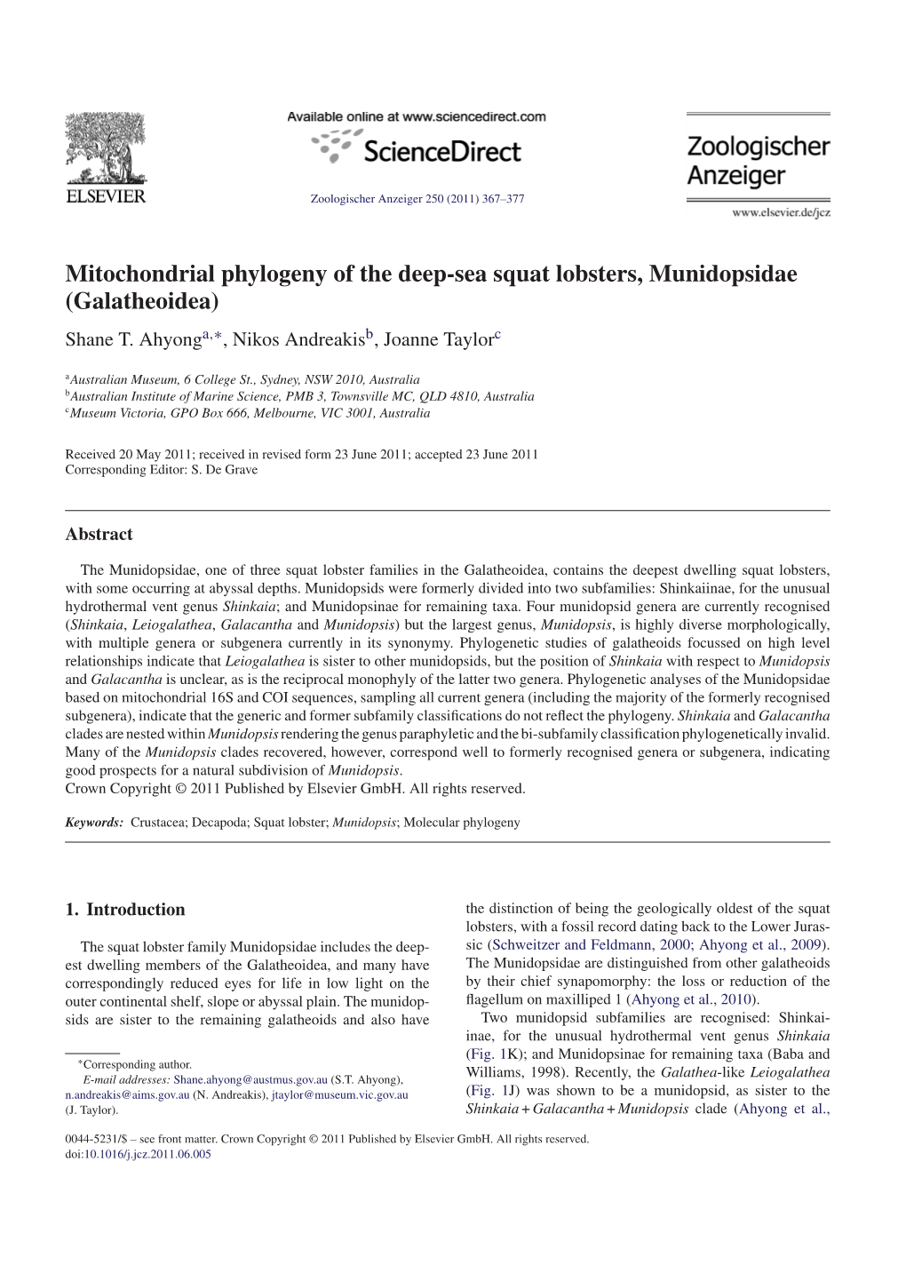 Mitochondrial Phylogeny of the Deep-Sea Squat Lobsters, Munidopsidae (Galatheoidea)