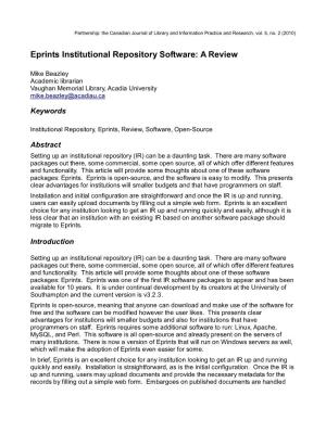 Eprints Institutional Repository Software: a Review