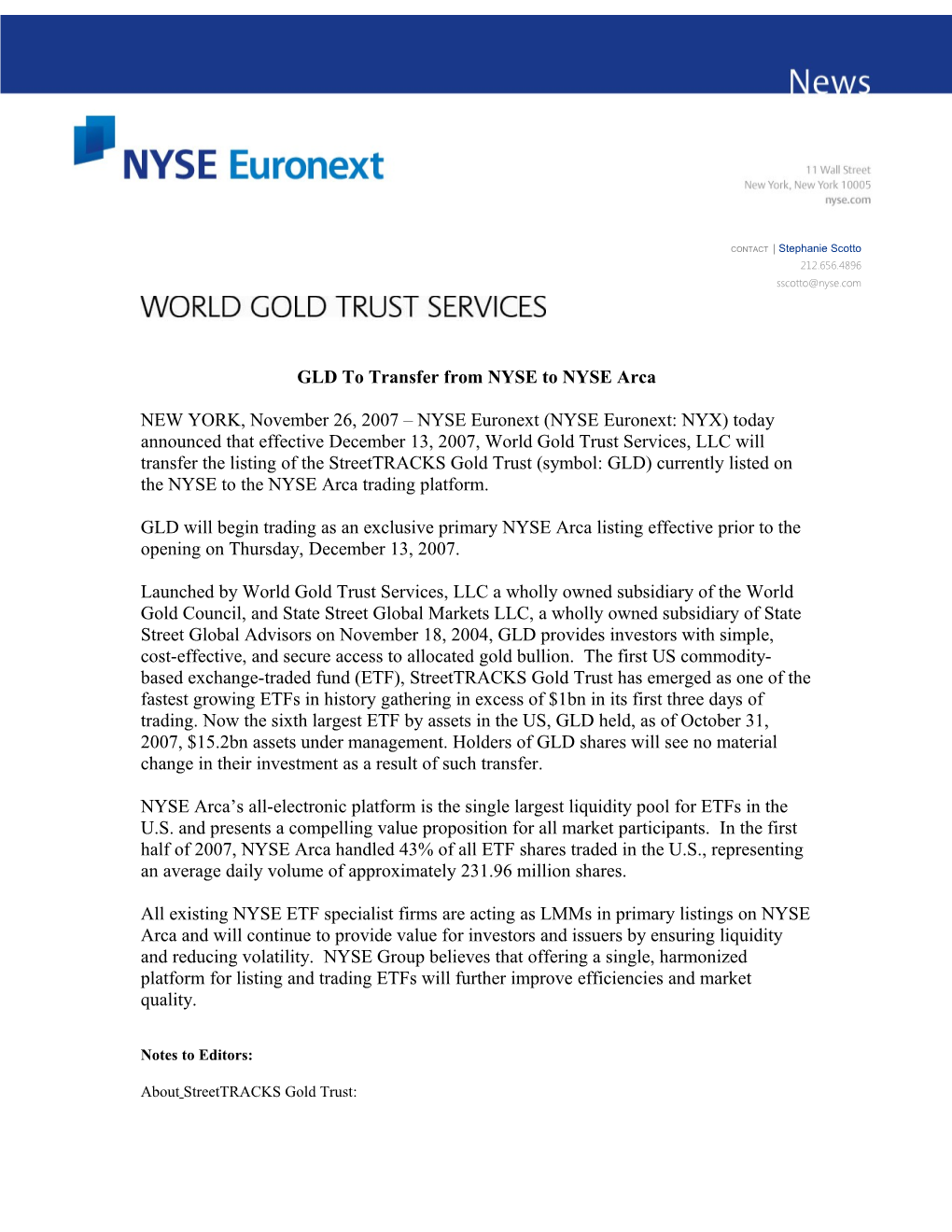 GLD to Transfer from NYSE to NYSE Arca