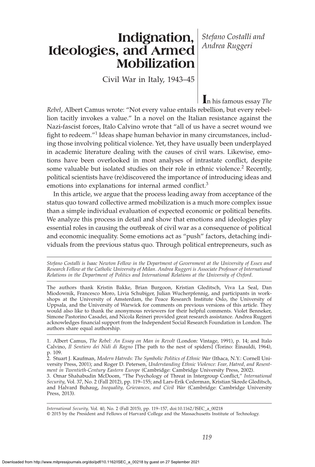 Indignation, Ideologies, and Armed Mobilization Indignation, Stefano Costalli and Ideologies, and Armed Andrea Ruggeri Mobilization Civil War in Italy, 1943–45