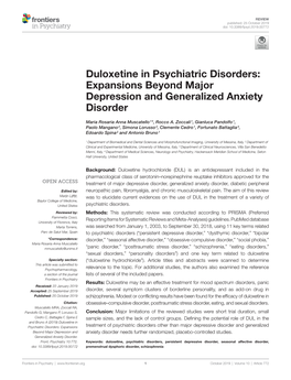 Duloxetine in Psychiatric Disorders: Expansions Beyond Major Depression and Generalized Anxiety Disorder
