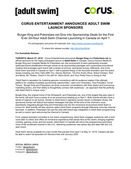 Corus Entertainment Announces Adult Swim Launch Sponsors