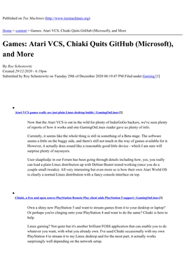 Games: Atari VCS, Chiaki Quits Github (Microsoft), and More