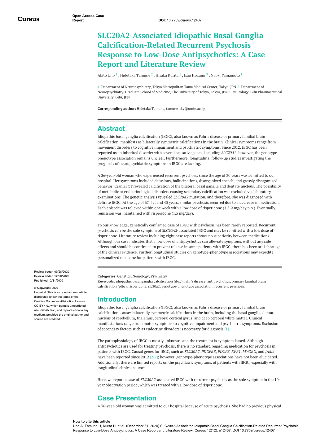 SLC20A2-Associated Idiopathic Basal Ganglia Calcification-Related Recurrent Psychosis Response to Low-Dose Antipsychotics: a Case Report and Literature Review