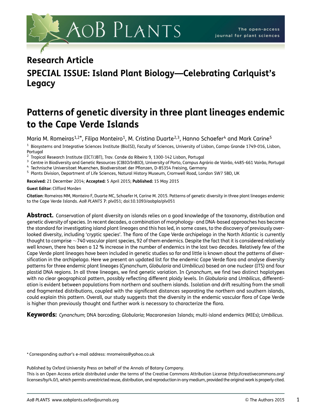 Patterns of Genetic Diversity in Three Plant Lineages Endemic to the Cape Verde Islands