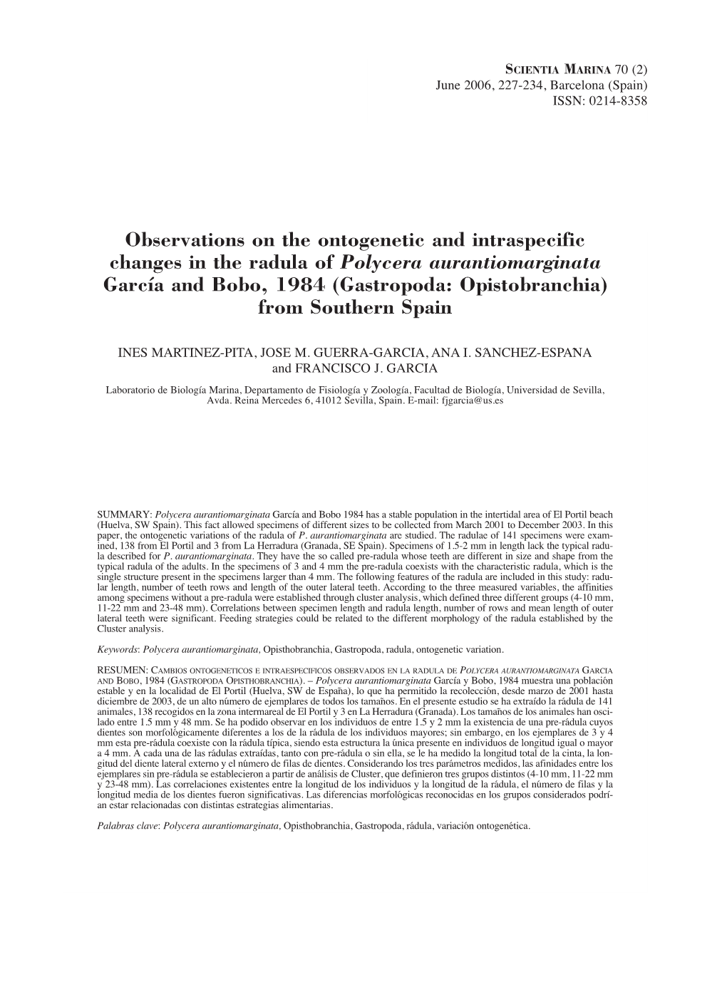 Observations on the Ontogenetic and Intraspecific Changes in the Radula of Polycera Aurantiomarginata García and Bobo, 1984 (Gastropoda: Opistobranchia) from Southern Spain