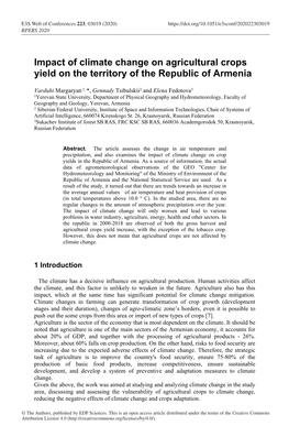 Impact of Climate Change on Agricultural Crops Yield on the Territory of the Republic of Armenia