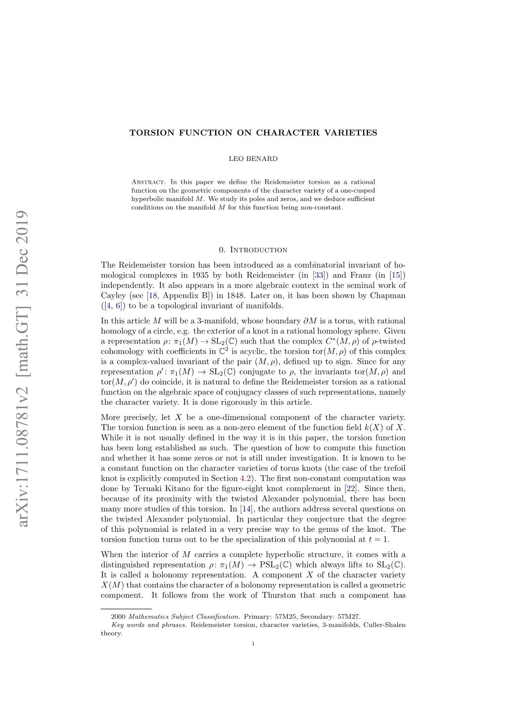 Torsion Function on Character Varieties