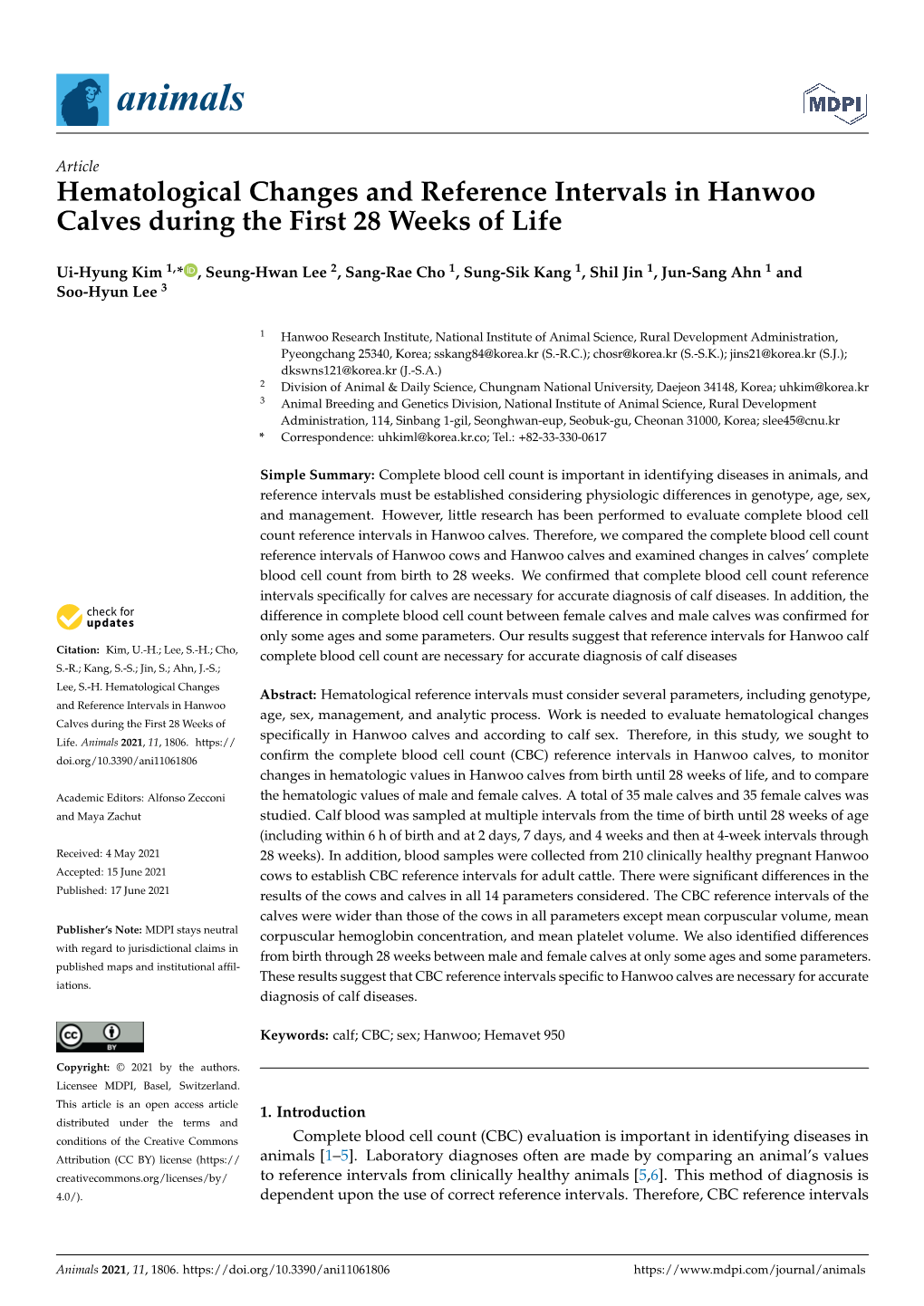 Hematological Changes and Reference Intervals in Hanwoo Calves During the First 28 Weeks of Life