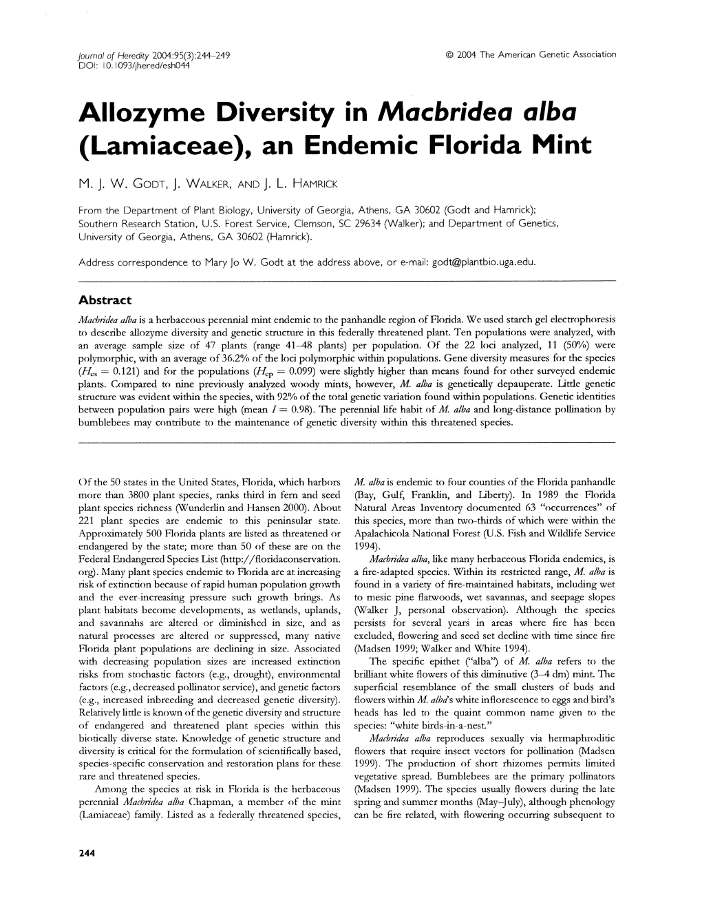 Allozyme Diversity in Macbridea Alba (Lamiaceae), an Endemic Florida Mint