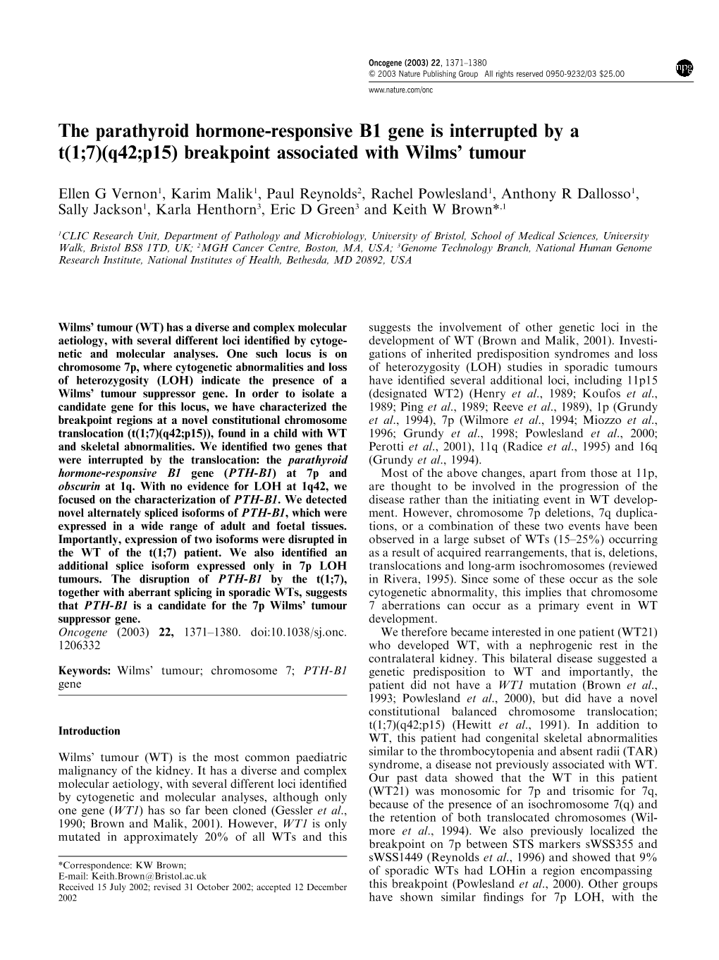 (Q42;P15) Breakpoint Associated with Wilms' Tumour