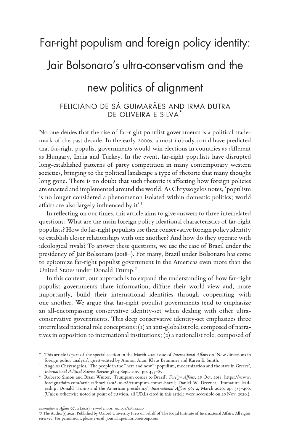 Far-Right Populism and Foreign Policy Identity: Jair Bolsonaro's Ultra