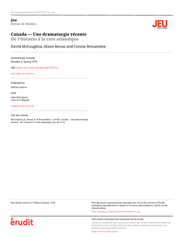 Canada — Une Dramaturgie Récente De L’Ontario À La Côte Atlantique David Mccaughna, Diane Bessai and Connie Brissenden