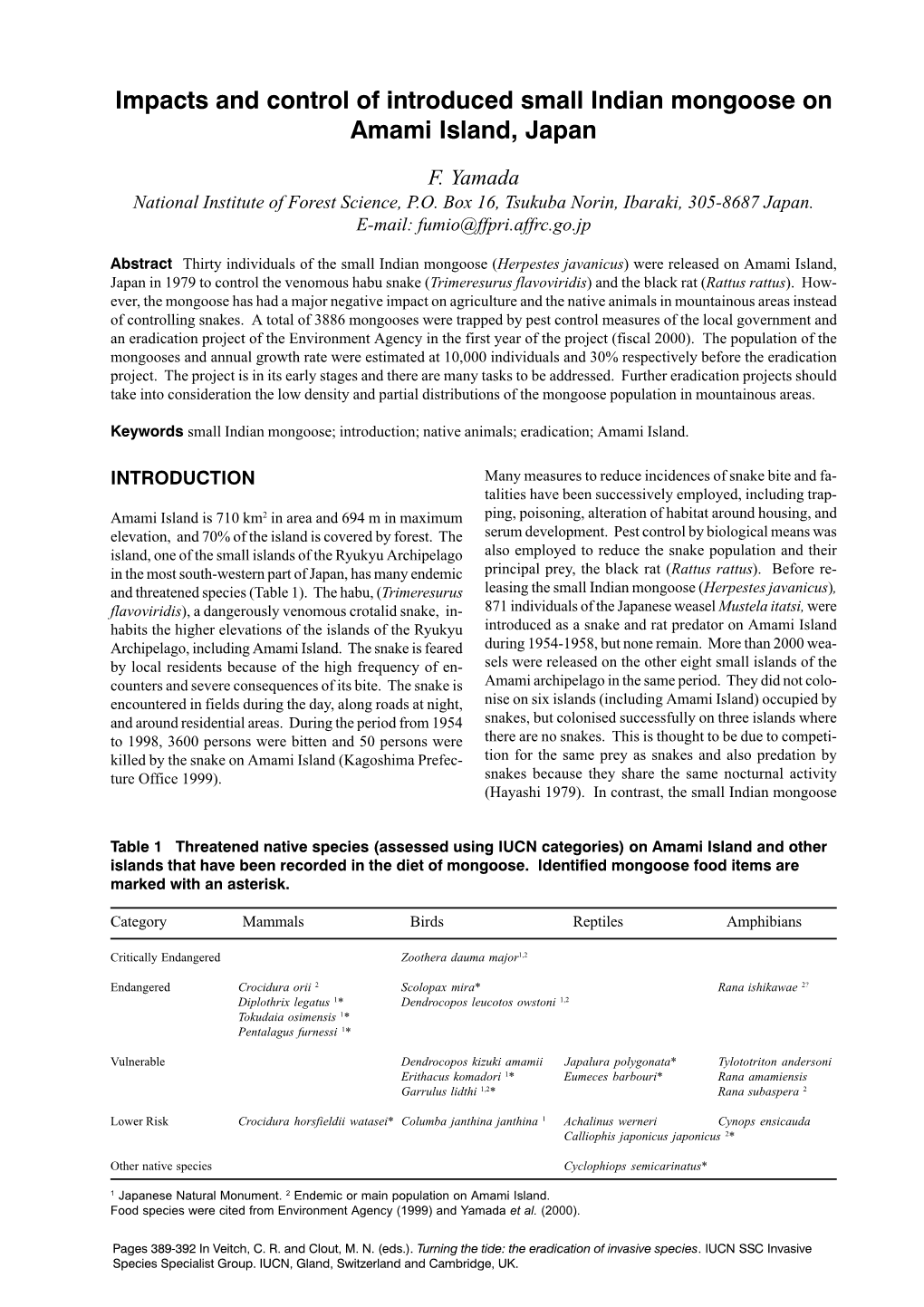 Impacts and Control of Introduced Small Indian Mongoose on Amami Island, Japan