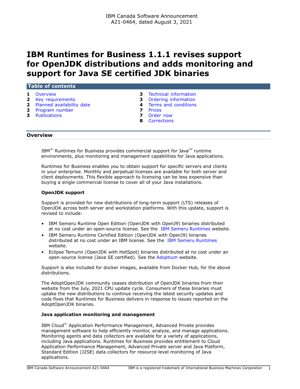 IBM Runtimes for Business 1.1.1 Revises Support for Openjdk Distributions and Adds Monitoring and Support for Java SE Certified JDK Binaries