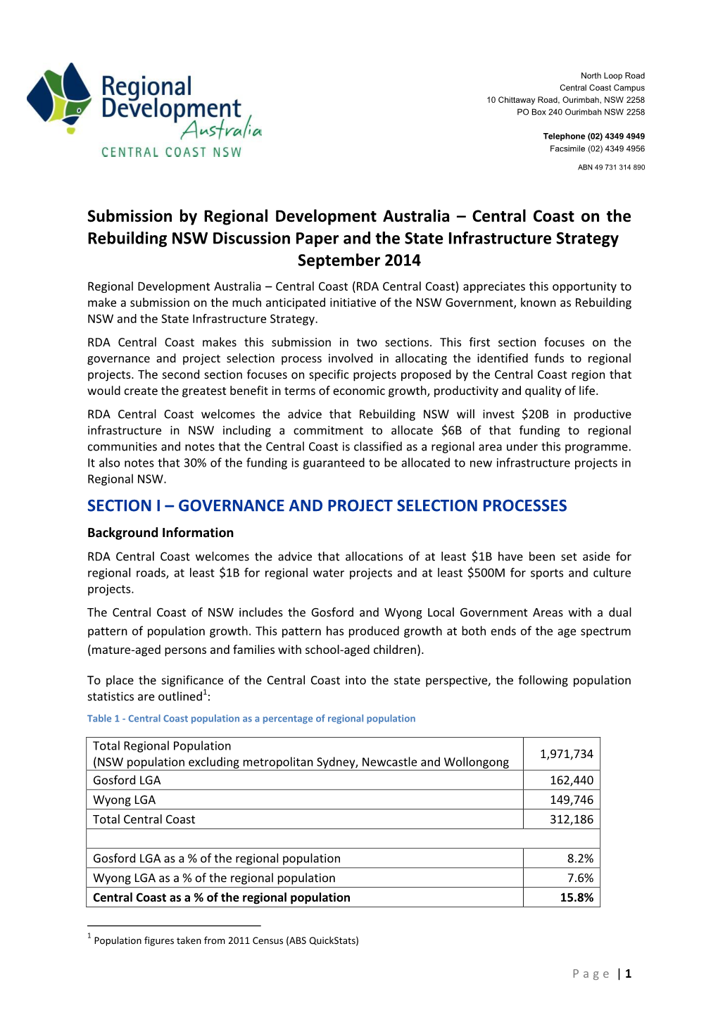 Submission by Regional Development Australia – Central Coast on the Rebuilding NSW Discussion Paper and the State Infrastructu