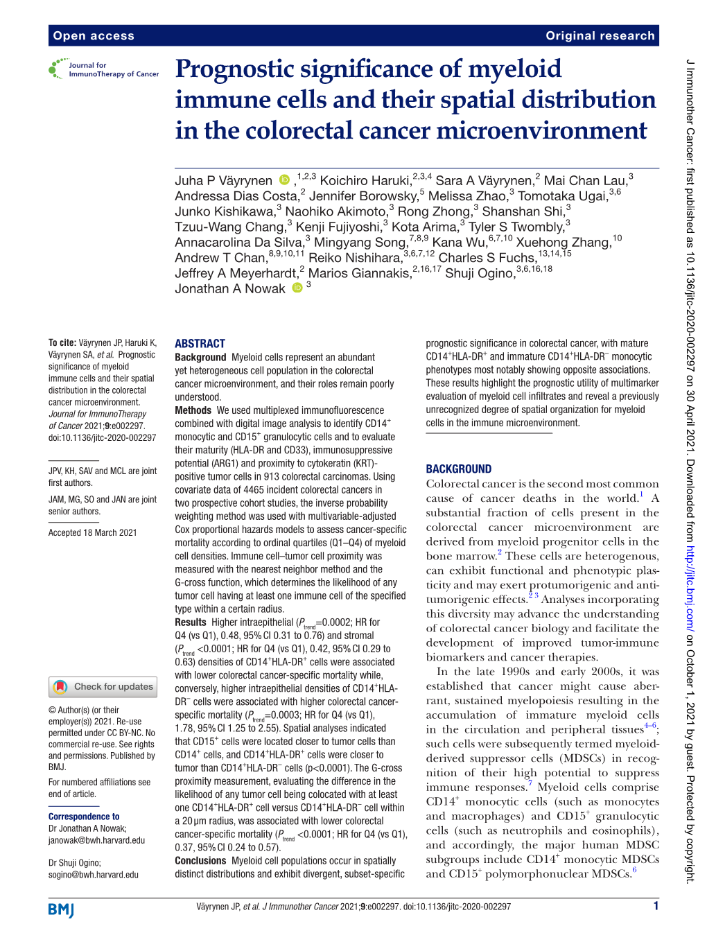 Prognostic Significance of Myeloid Immune Cells and Their Spatial Distribution in the Colorectal Cancer Microenvironment