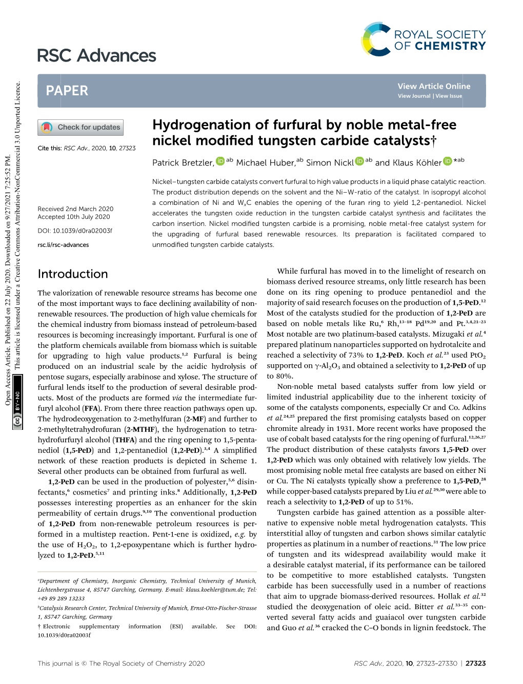 Hydrogenation of Furfural by Noble Metal-Free Nickel Modified Tungsten