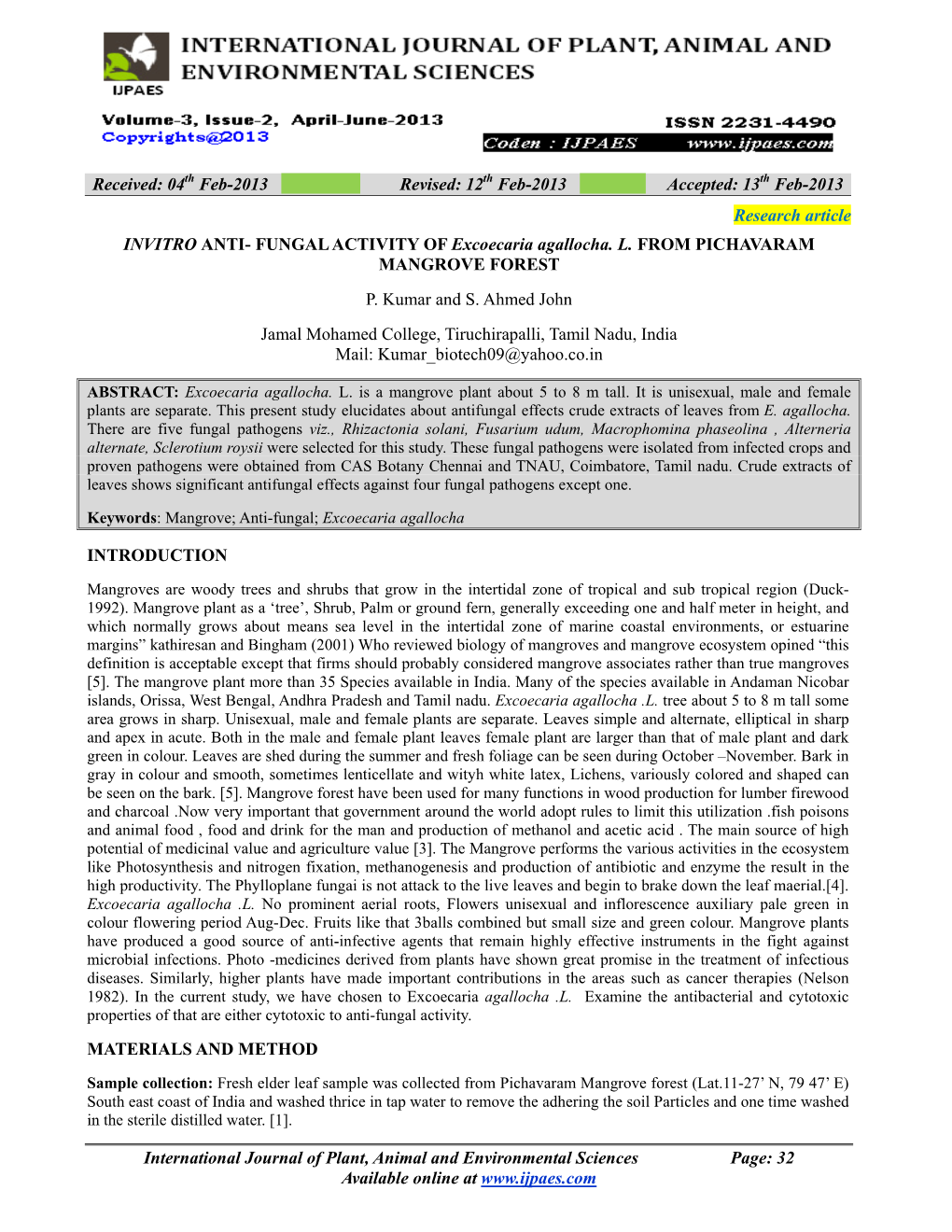 FUNGAL ACTIVITY of Excoecaria Agallocha. L. from PICHAVARAM MANGROVE FOREST P