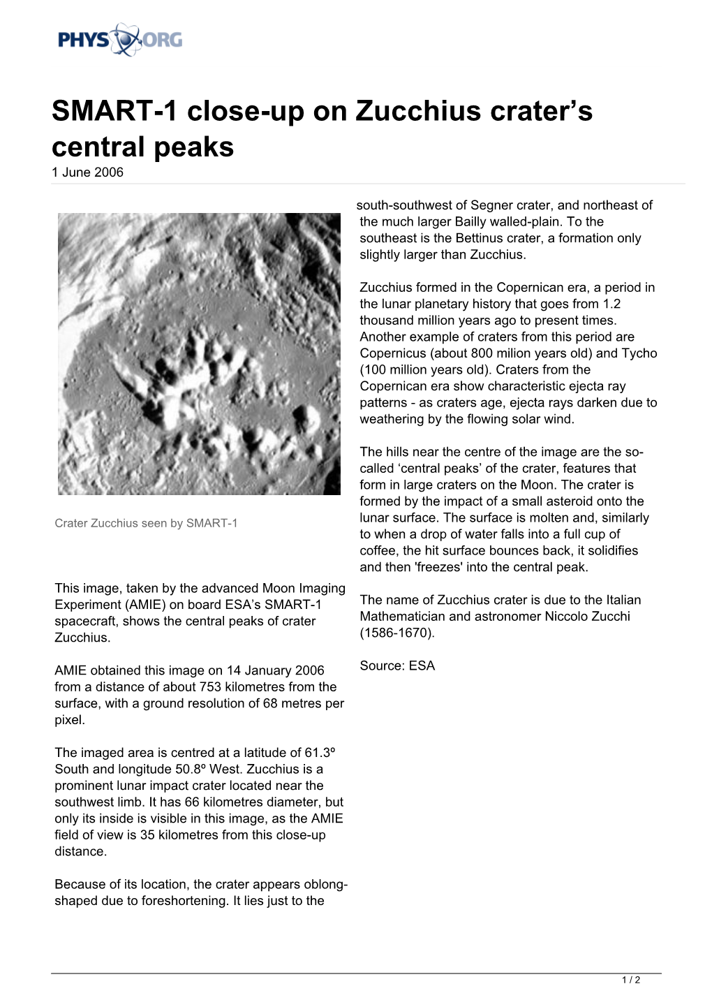 SMART-1 Close-Up on Zucchius Crater's Central Peaks