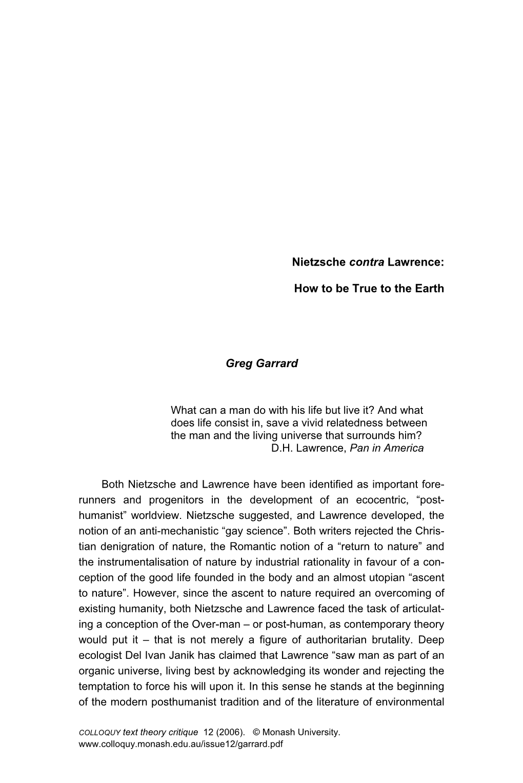 Nietzsche Contra Lawrence: How to Be True to the Earth