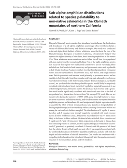 Sub-Alpine Amphibian Distributions Related to Species Palatability to Non