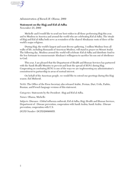 Administration of Barack H. Obama, 2009 Statement on the Hajj and Eid